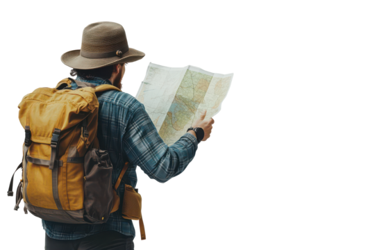 Man with backpack and map isolated on transparent background. Man in a hat and a backpack reading a map isolated on white background.