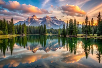 Serene Mountain Lake Landscape Reflecting Snow-Capped Peaks at Sunset with Forest Scenery Peaceful Waters Nature Scenic Destination Spruce Trees Wilderness