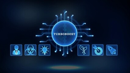 Futuristic Digital Network with TURBOBOST Central Hub and Icons for Business Growth Innovation and Launch