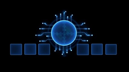 Futuristic digital sphere with glowing circuits and abstract data blocks technology globe