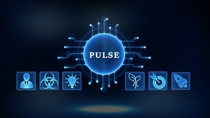 Illuminated Digital Sphere with PULSE Text and Connected Science Icons abstract technology