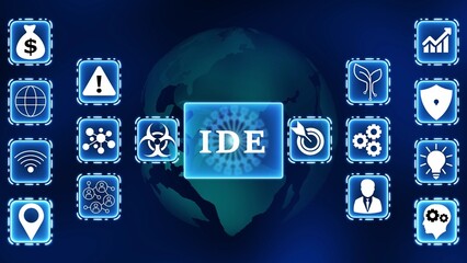 Integrated development environment icons surrounding a globe with IDE text at the core technology programming