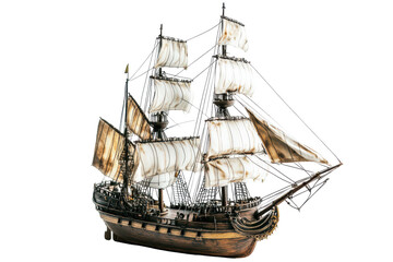 Detailed model of a tall ship isolated on transparent background. Model of a ship isolated on white background.
