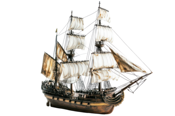 Detailed model of a tall ship isolated on transparent background. Model of a ship isolated on white background.