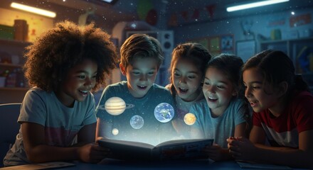 A group of captivated children are reading a magical book about the solar system creating wonder