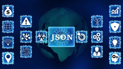 JSON data format concept with global network and digital icons JSON technology