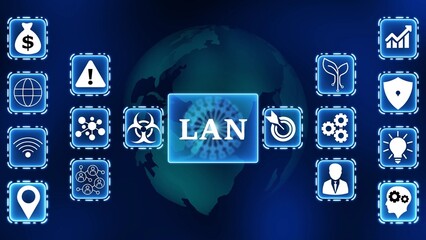 LAN Network Icons Connected to Global Earth Background Digital Technology Concept image photo