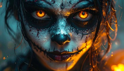 Close-up of a person with intricate skull face paint and glowing orange eyes, creating a striking, otherworldly effect