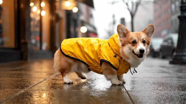 Corgi wearing raincoat city sidewalk gentle drizzle cinematic mood lighting. welsh dog slicker urban pavement soft shower dramatic illumination.