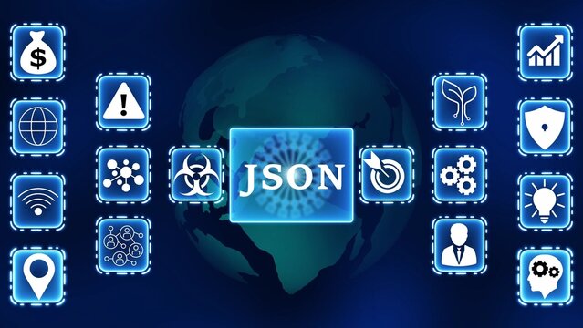 JSON data format concept with global network and digital icons JSON technology