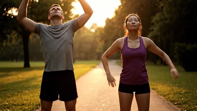 Couple cooling down run stretching together warm evening tone. pair unwinding jog joint limbering balmy sunset ambiance.
