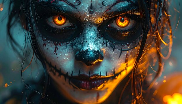 Close-up of a person with intricate skull face paint and glowing orange eyes, creating a striking, otherworldly effect - Powered by Adobe
