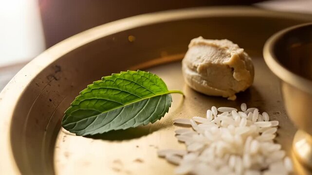 Sacred Tulsi Vivah Ritual Offering of Rice, Paste, and Plant on Brass Plate for Hindu Wedding Ceremony