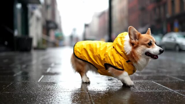 Corgi wearing raincoat city sidewalk gentle drizzle cinematic mood lighting. welsh dog slicker urban pavement soft shower dramatic illumination.