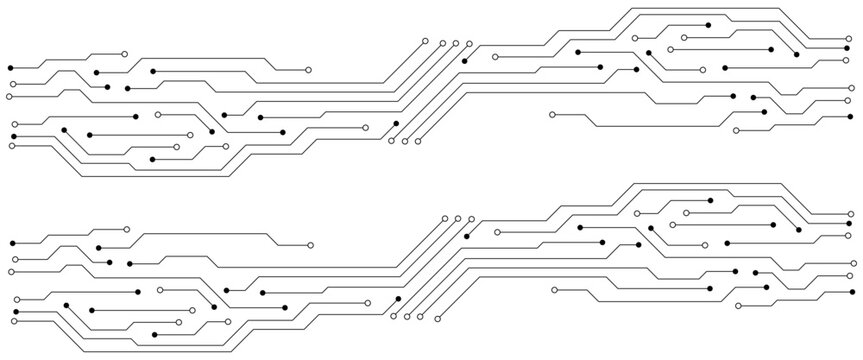 Black circuit board traces and nodes on white background electronic technology