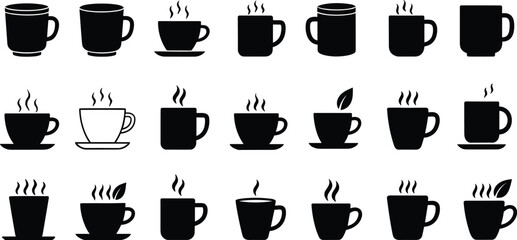 Coffee cup icon set, tea mug silhouettes, hot beverage symbols, steam graphics, black vector cups, café design, drink illustration, minimal style