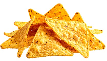 Close-up of a pile of golden, triangular, textured corn chips on a white background. Crisp and appetizing