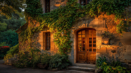 Obraz premium A stone house with ivy growing on the walls and a wooden door with glass panes at the entrance