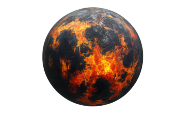 Fiery molten planet with glowing lava cracks isolated on transparent background. Planet with a fiery surface isolated on white background.