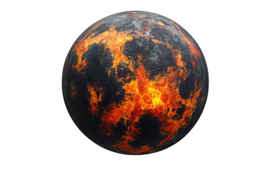 Fiery molten planet with glowing lava cracks isolated on transparent background. Planet with a fiery surface isolated on white background.