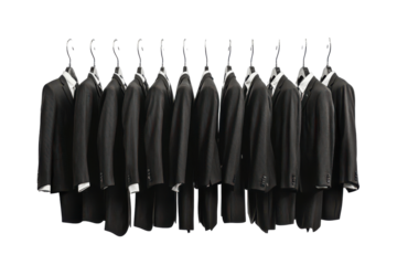 Row of identical black suits hanging on hangers isolated on transparent background. Rack of suits on swingers isolated on white background.