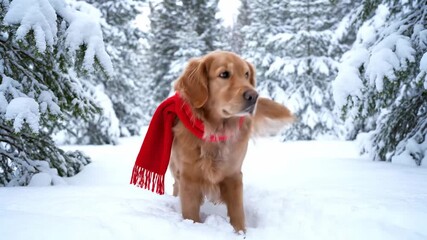 Dog wearing red scarf snowy forest cold breath visible serene atmosphere. canine neckwear frosted woodland vaporous exhale tranquil air. - Powered by Adobe