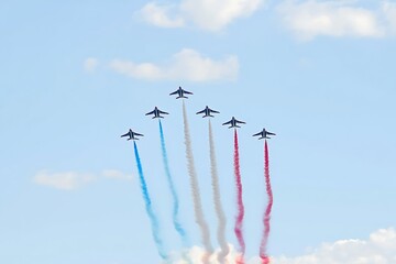 Acrobatic air show with jets performing stunts and leaving colorful smoke trails