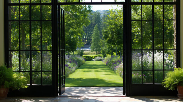 View of a lush green garden through an open black framed door with potted plants in the foreground