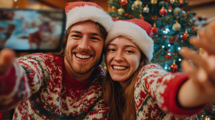 Happy couple taking selfie with Christmas tree, wearing matching Santa hats, festive sweaters, genuine laughter, colorful ornaments in focus, smartphone perspective, warm indoor lighting, authentic