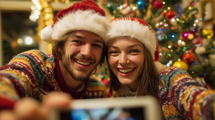 Happy couple taking selfie with Christmas tree, wearing matching Santa hats, festive sweaters, genuine laughter, colorful ornaments in focus, smartphone perspective, warm indoor lighting, authentic