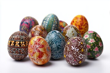Vibrantly decorated handmade Easter eggs set against a white background