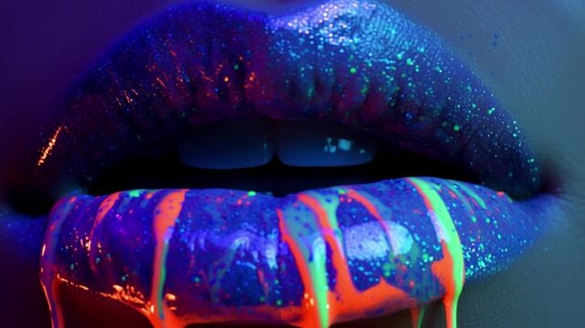 Neon glowing lips with dripping paint texture, vibrant futuristic makeup art, close up sensual beauty concept, colorful liquid gloss effect, modern fashion aesthetic for cosmetics advertising, creativ