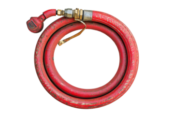 Red coiled hose with pump isolated on transparent background. Red fire extinguisher with a hose isolated on white background.