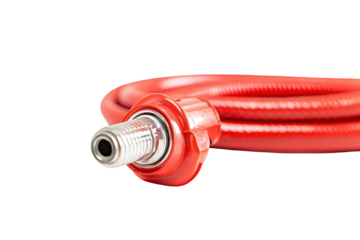 Red coiled hose with pump isolated on transparent background. Red fire extinguisher with a hose isolated on white background.