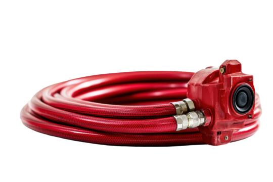 Red coiled hose with pump isolated on transparent background. Red fire extinguisher with a hose isolated on white background.