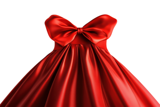 Elegant red satin ball gown with large bow isolated on transparent background. Red dress with a bow isolated on white background.
