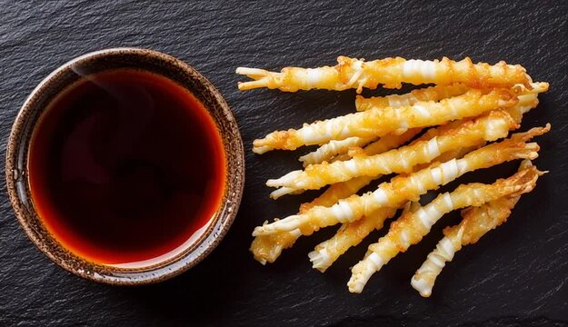 Fried Enoki Mushrooms with sauce on black background, top view, copy space
