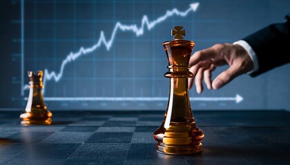 Abstract business strategy concept, with a hand moving a glass king chess piece against a background of a rising financial stock chart.