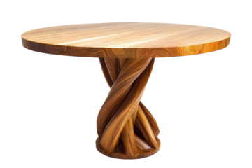 Rustic wooden pedestal table with twisted base isolated on transparent background. Round wooden table with twisted wood legs isolated on white background.
