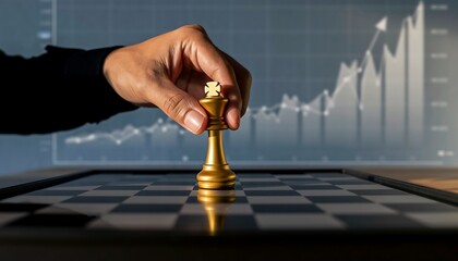 Close-up conceptual shot of a hand moving a golden king chess piece on a chessboard, with a rising financial graph in the background.