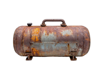 Old rusty industrial metal tank isolated on transparent background. Rusted metal tank with a pipe isolated on white background.