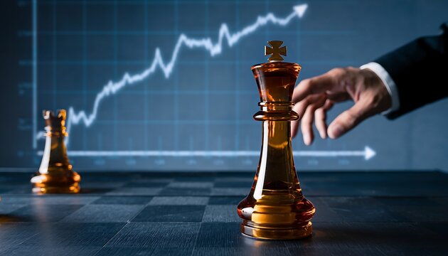 Abstract business strategy concept, with a hand moving a glass king chess piece against a background of a rising financial stock chart.