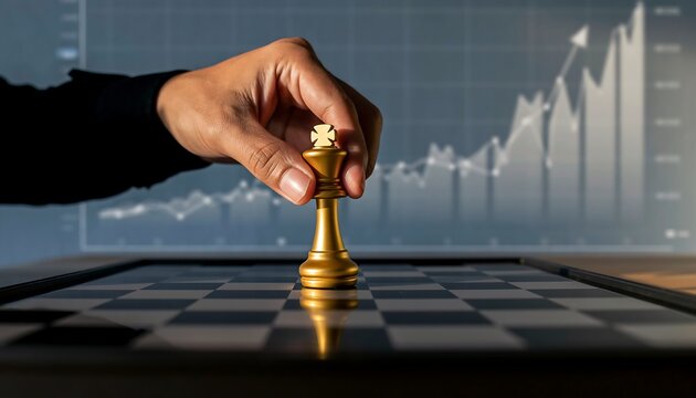 Close-up conceptual shot of a hand moving a golden king chess piece on a chessboard, with a rising financial graph in the background.