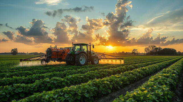 A modern tractor sprays crops in a lush green field at sunrise, with golden sunlight breaking through dramatic clouds.