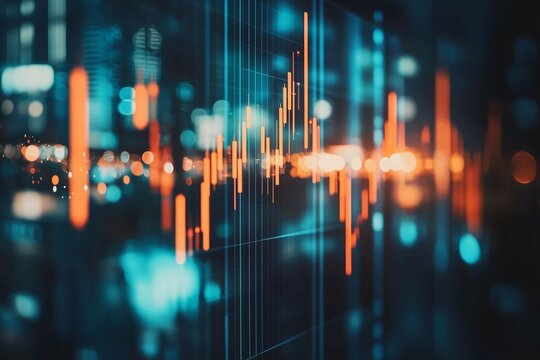 Candle stick chart overlay with stock market data and cityscape background