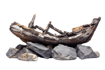 Old rusty shipwreck resting on rocks isolated on transparent background. Shipwreck wreck on rocks on white background.