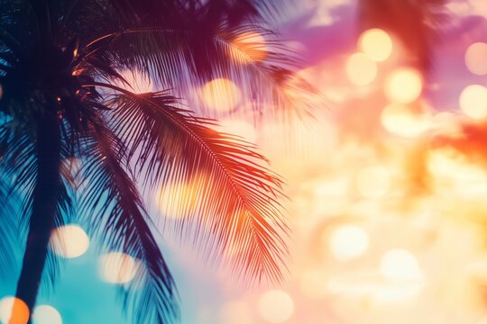 Vibrant sunset sky with palm tree silhouette and colorful bokeh background - Powered by Adobe