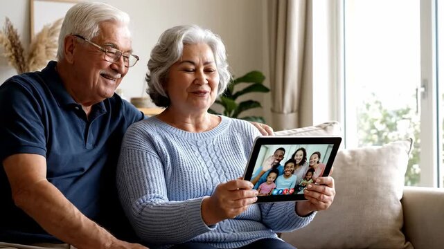 Grandparents video calling family tablet natural daylight modern lifestyle vibe. senior generation connecting kin using slate bright illumination contemporary living trend.