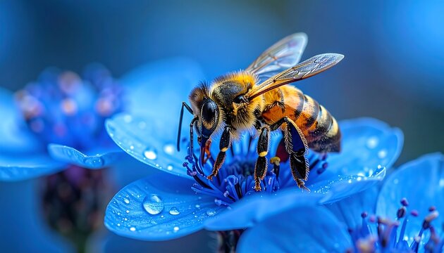 A honeybee, with yellow and black stripes, perched atop a dewy, blue flower