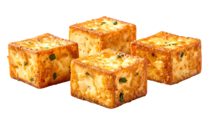 Appetizing arrangement of four food cubes ideal for culinary presentation visually appealing collection of four uniformly shaped food cubes perfect for snack or meal